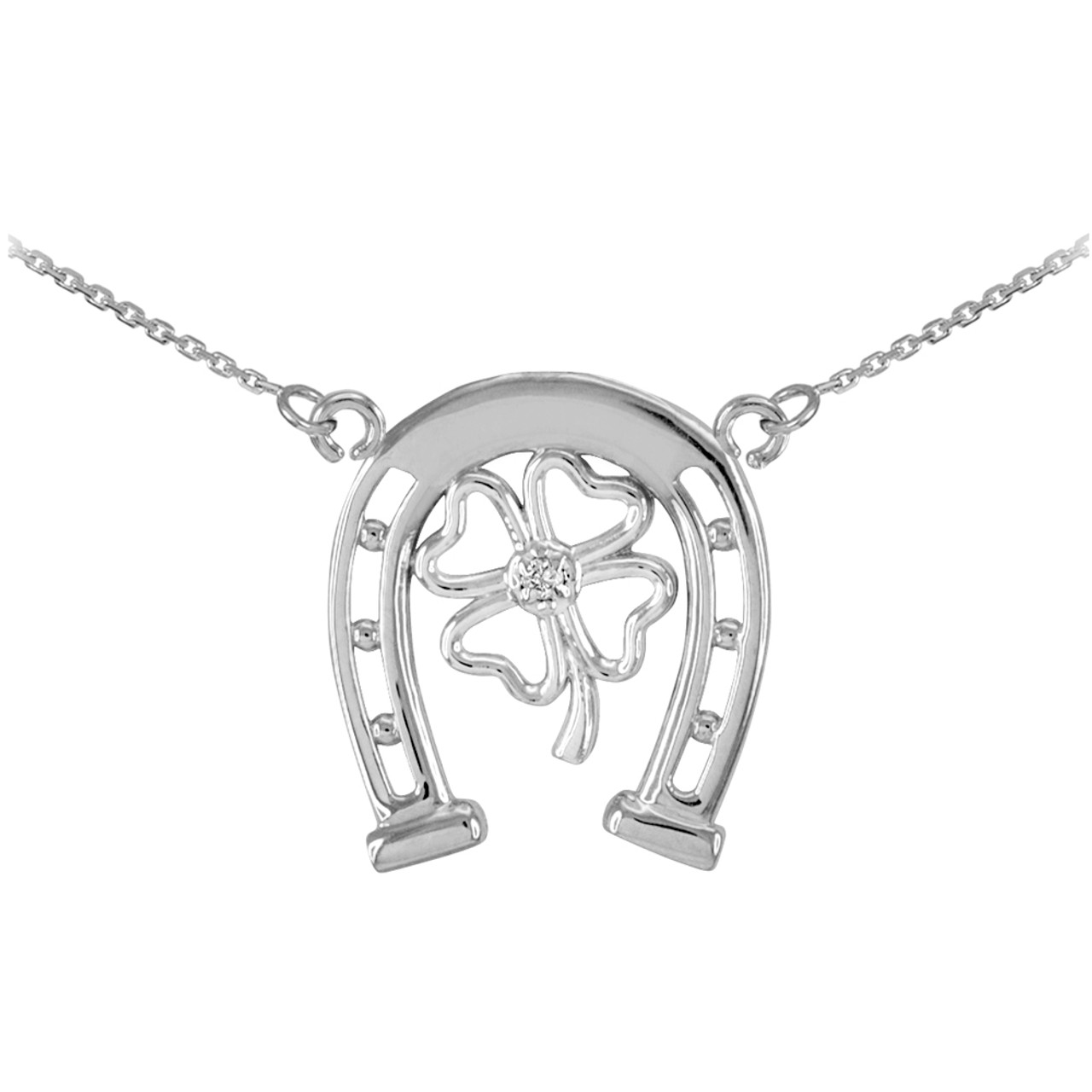 925 Sterling Silver Lucky Horseshoe with CZ 4-Leaf Clover Necklace