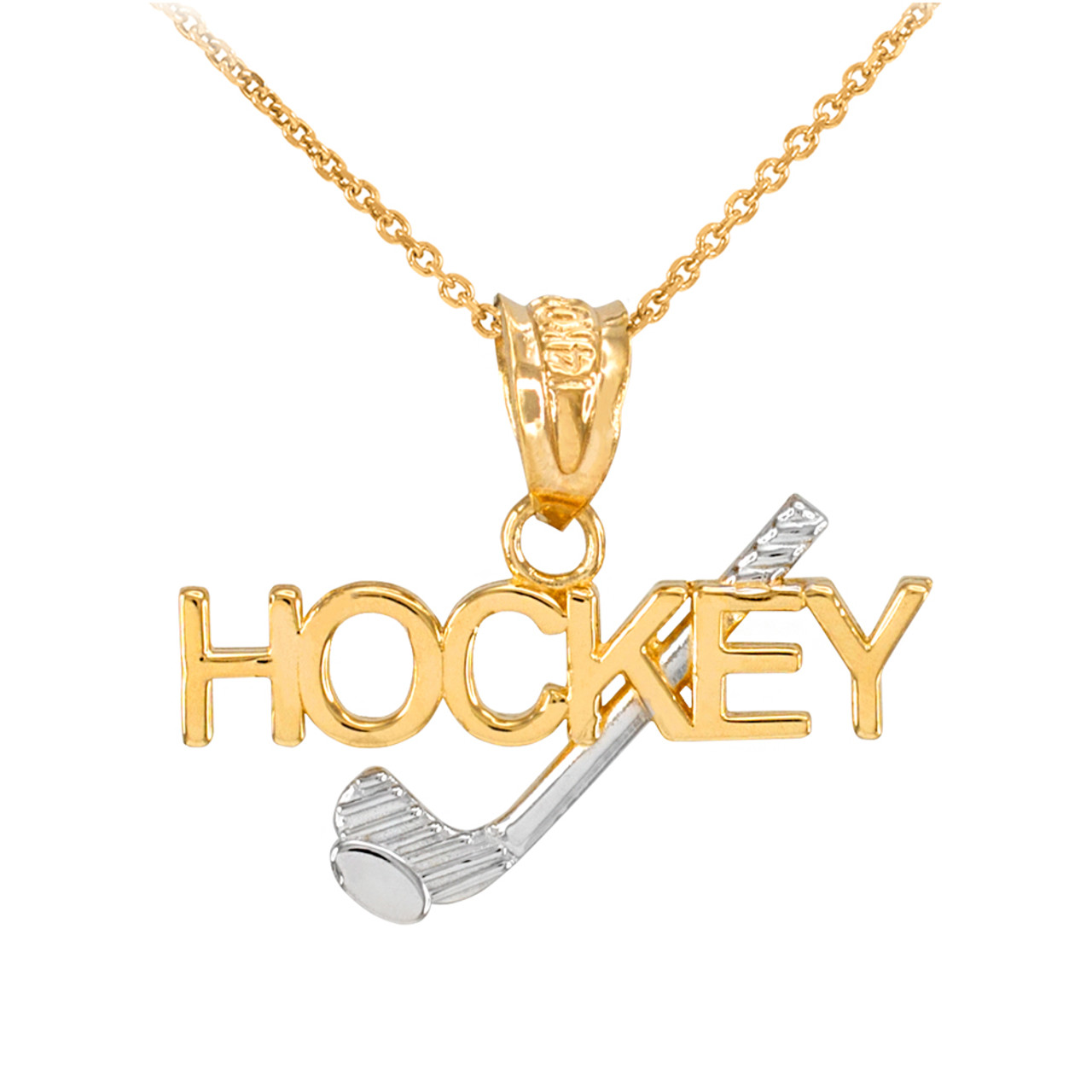 Two-Tone Yellow Gold HOCKEY Sports Charm Pendant Necklace | Gold HOCKEY
