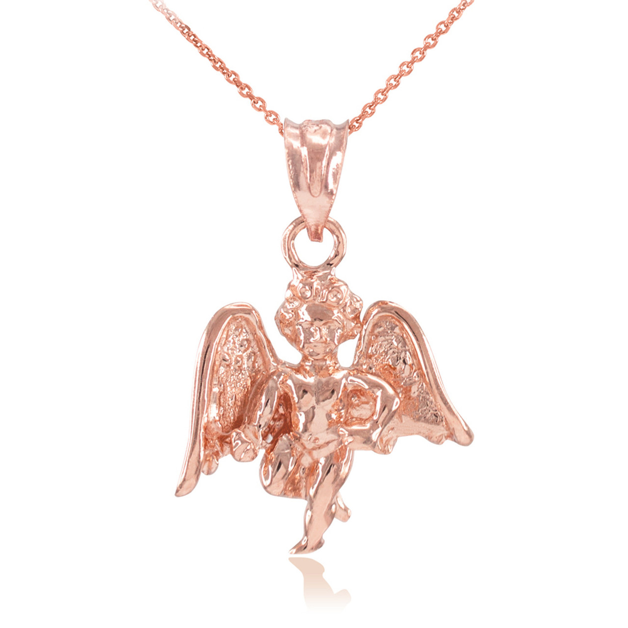 Solid Yellow Gold Guardian Angel Pendant Necklace