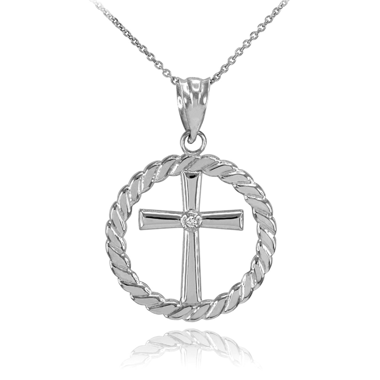 925 Sterling Silver Cross with CZ Circle Rope Pendant Necklace