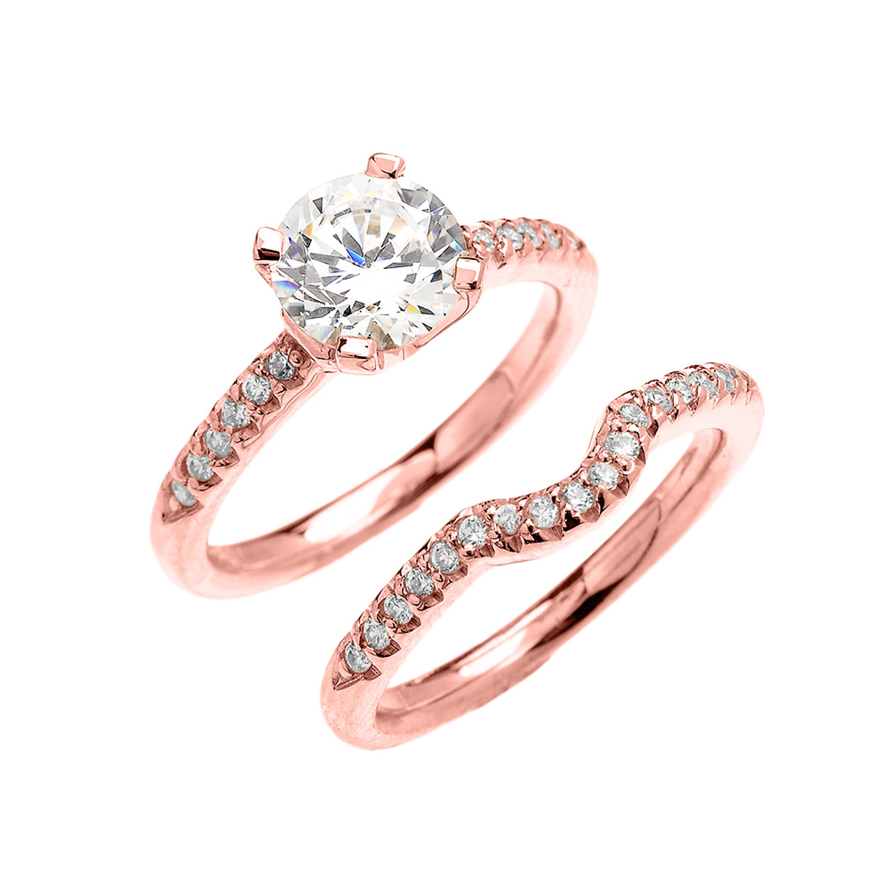 Rose Gold Dainty Round Cubic Zirconia Solitaire Wedding Ring Set