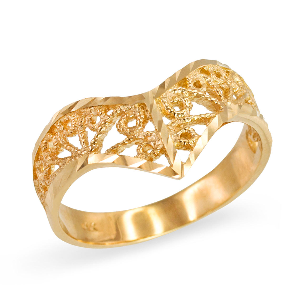 Yellow Gold Chevron Filigree Diamond Cut Ring For Women
