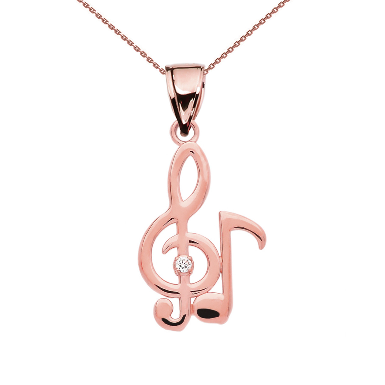 Diamond Treble Clef And Eighth Note Music Rose Gold Pendant Necklace