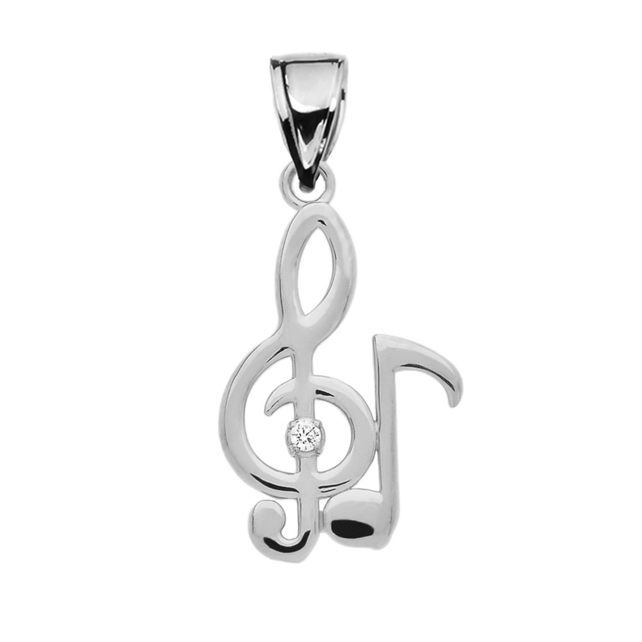 Diamond Treble Clef And Eighth Note Music White Gold Pendant Necklace