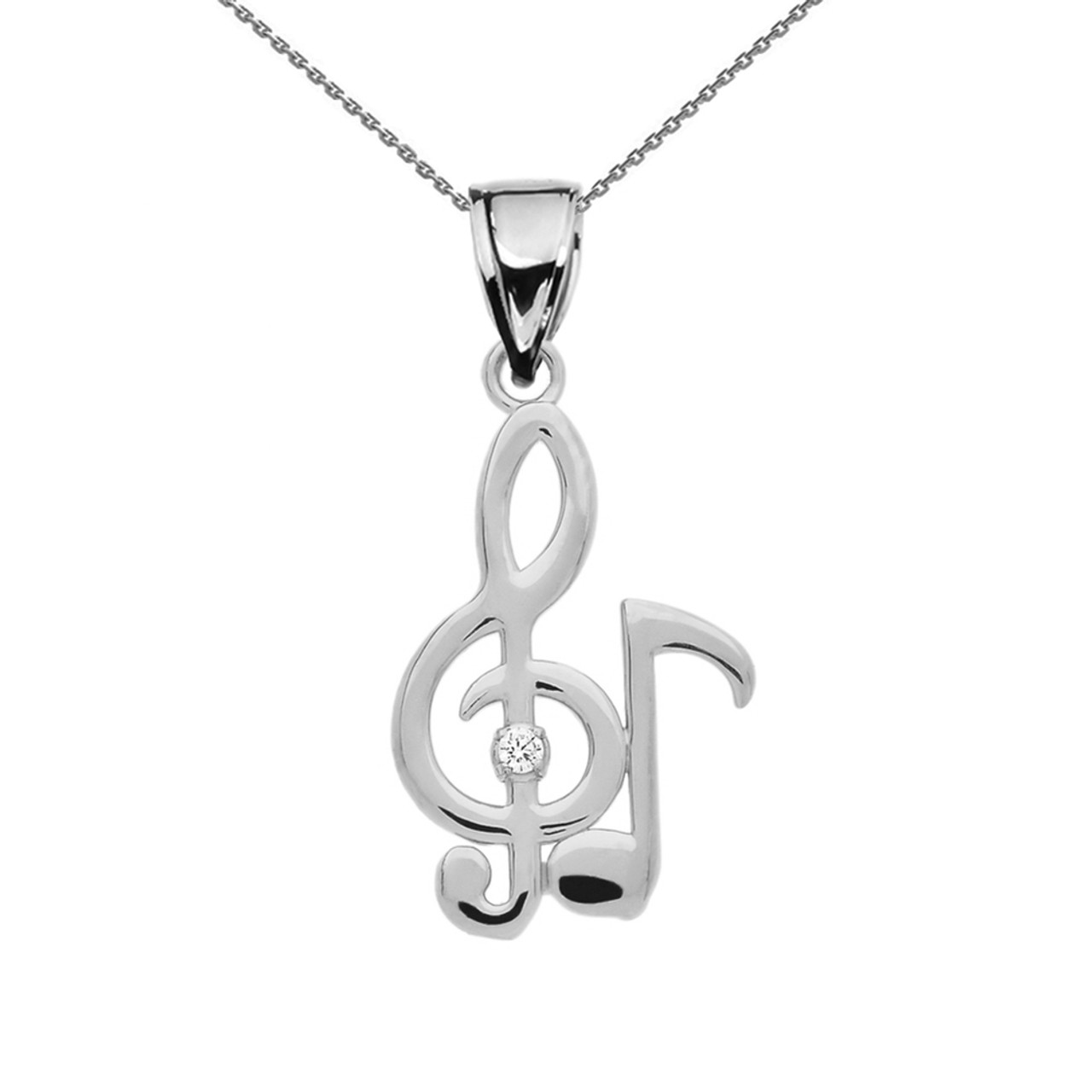 Diamond Treble Clef And Eighth Note Music White Gold Pendant Necklace