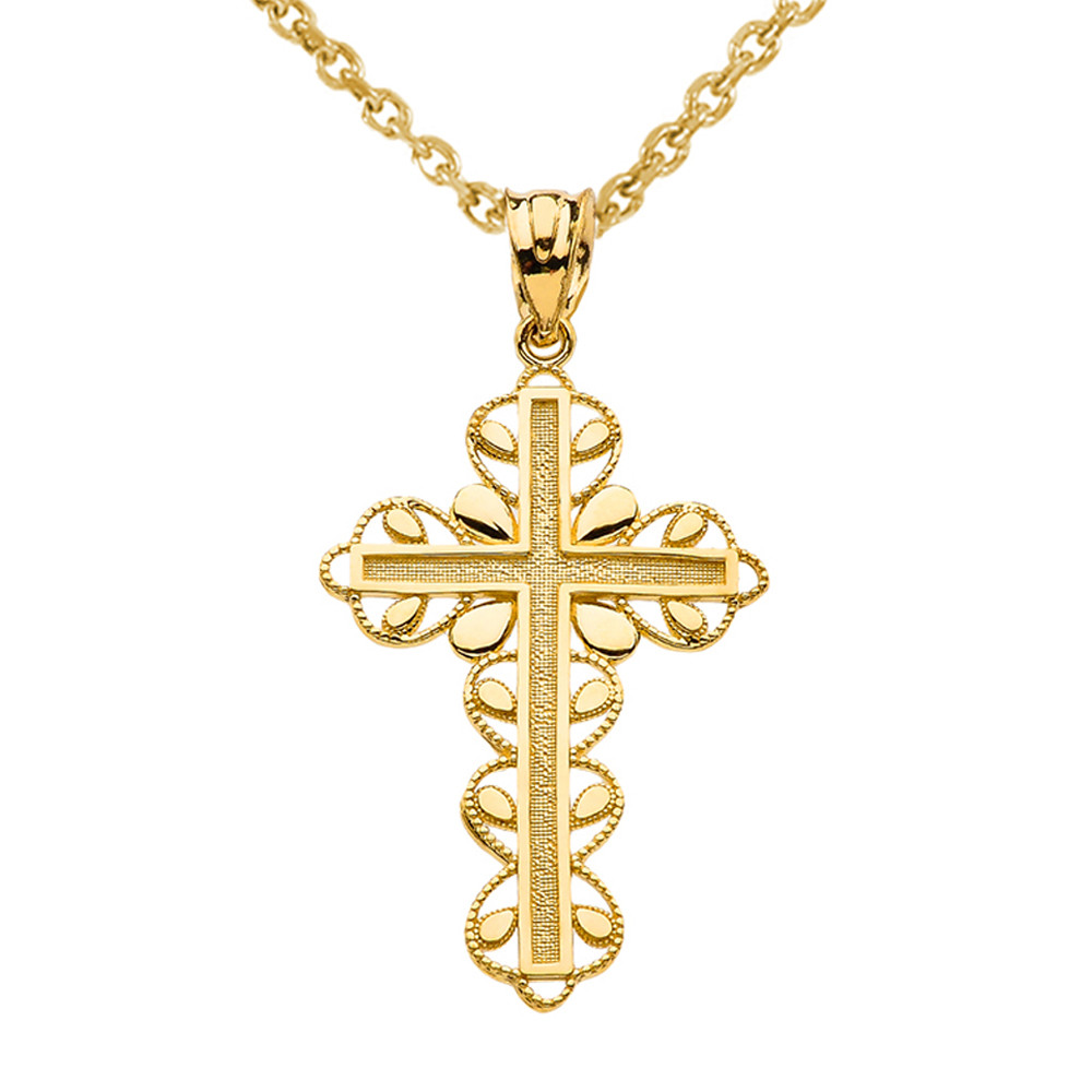 "Faith Hope Love " Yellow Gold Cross Pendant Necklace