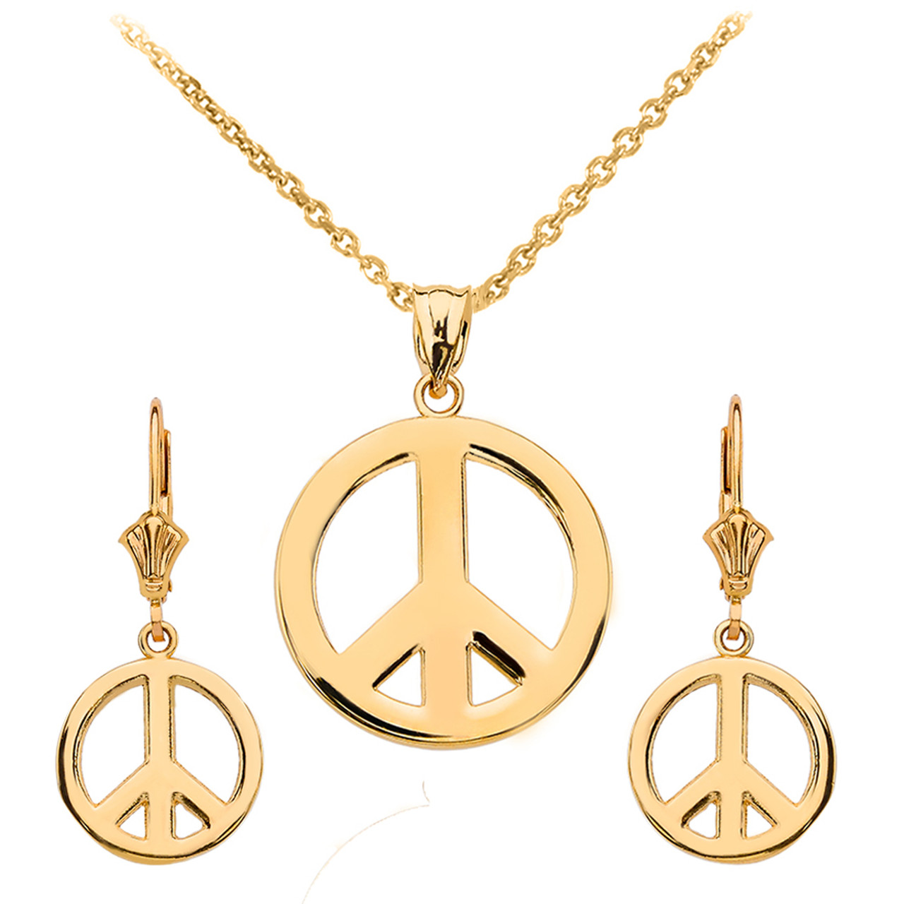 14K Yellow Gold Peace Sign Necklace Set