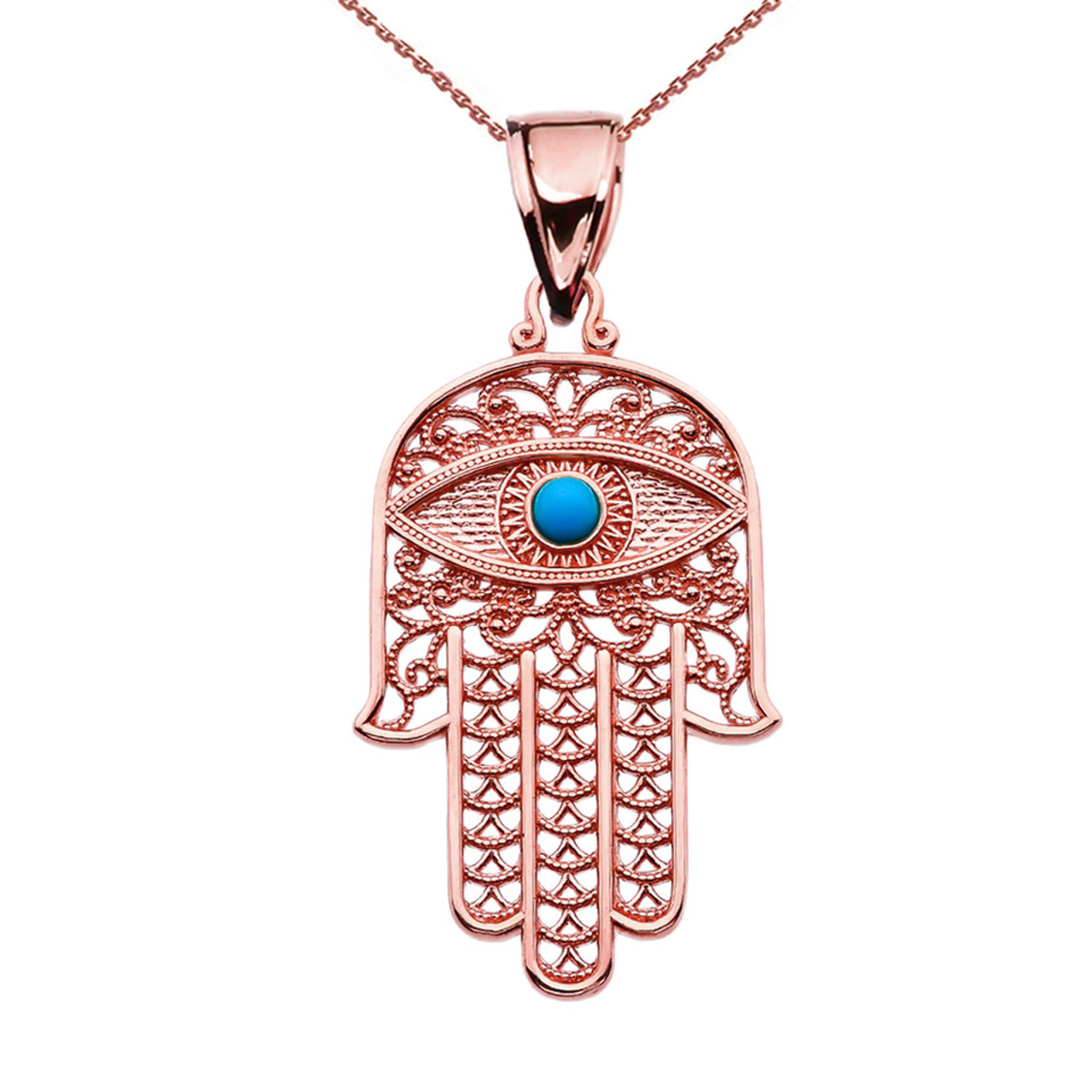 Turquoise Evil Eye Hamsa Hand Yellow Gold Pendant Necklace