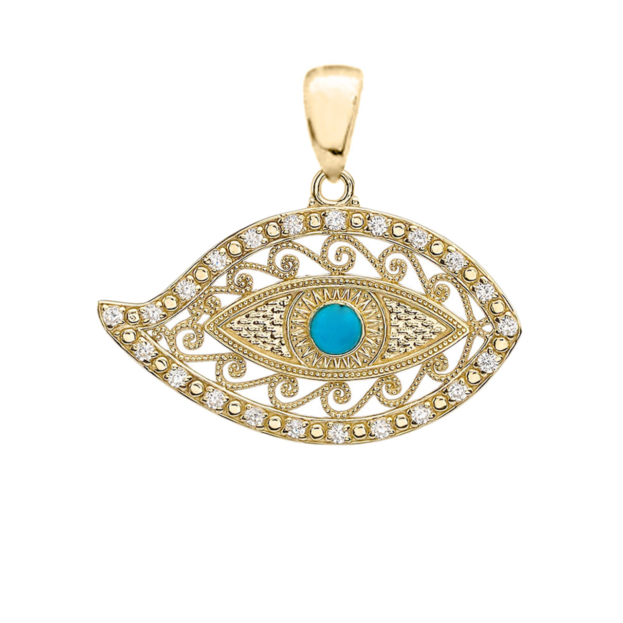 Yellow Gold Evil Eye Cubic Zirconia Pendant Necklace With