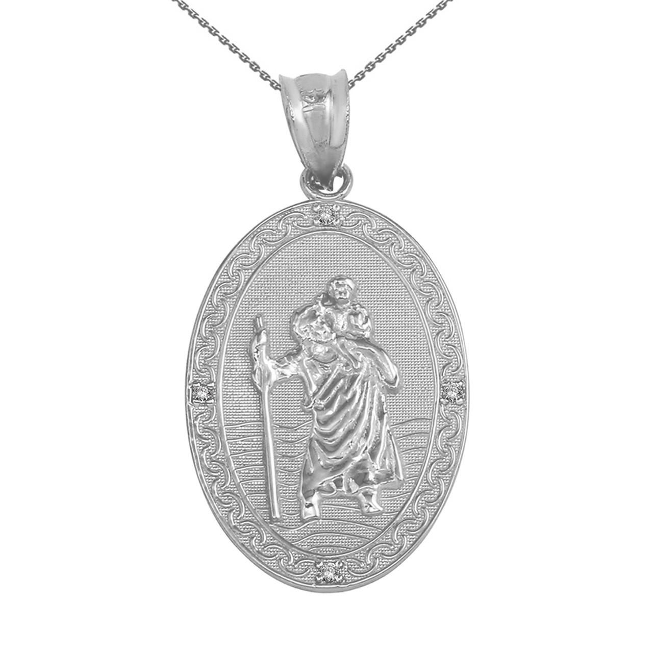 Sterling Silver Saint Christopher Medallion CZ Pendant Necklace