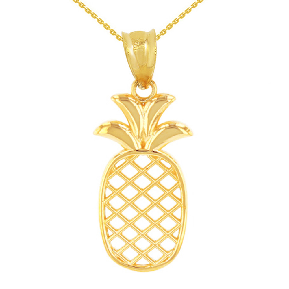 Solid Yellow Gold Pineapple Pendant Necklace