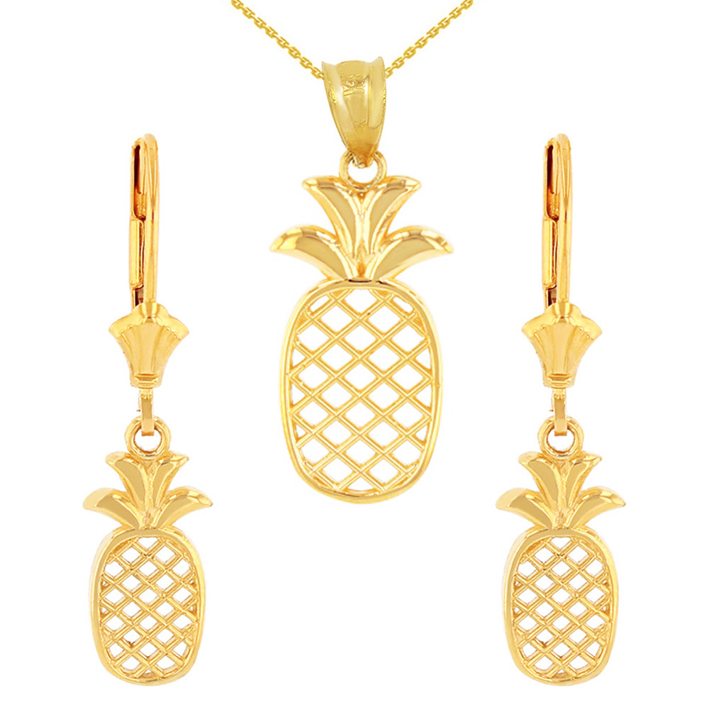 14K Solid Yellow Gold Pineapple Pendant 
