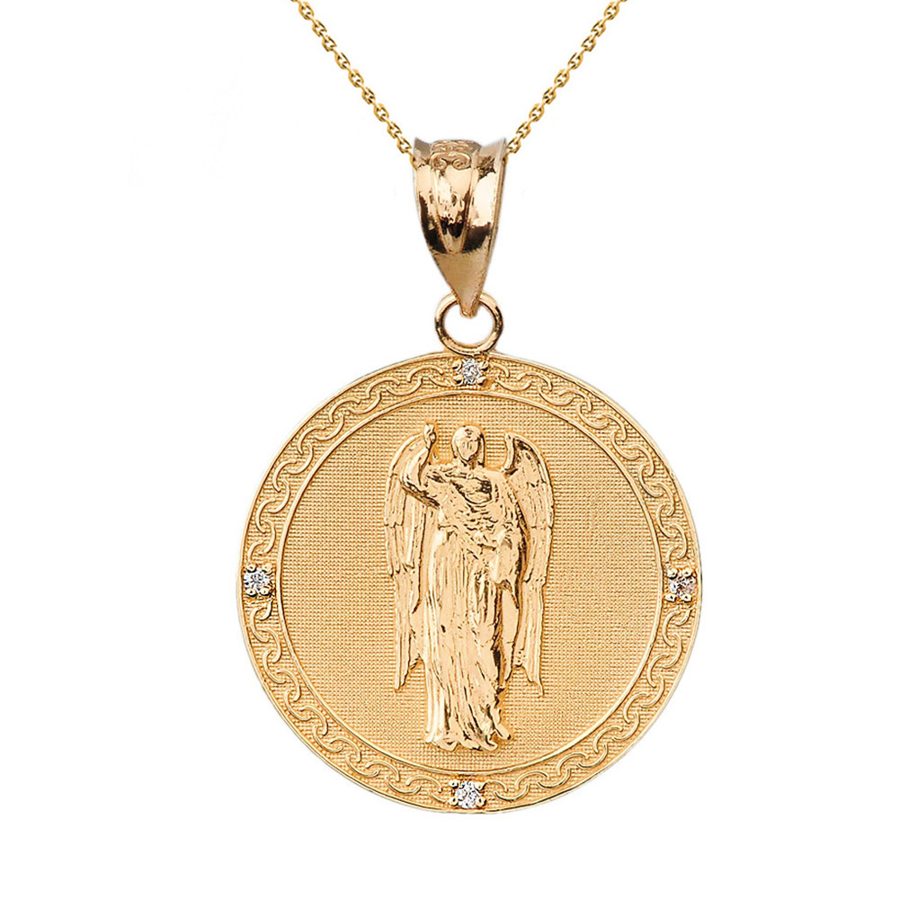 Solid Yellow Gold Archangel Saint Gabriel Diamond Medallion Pendant