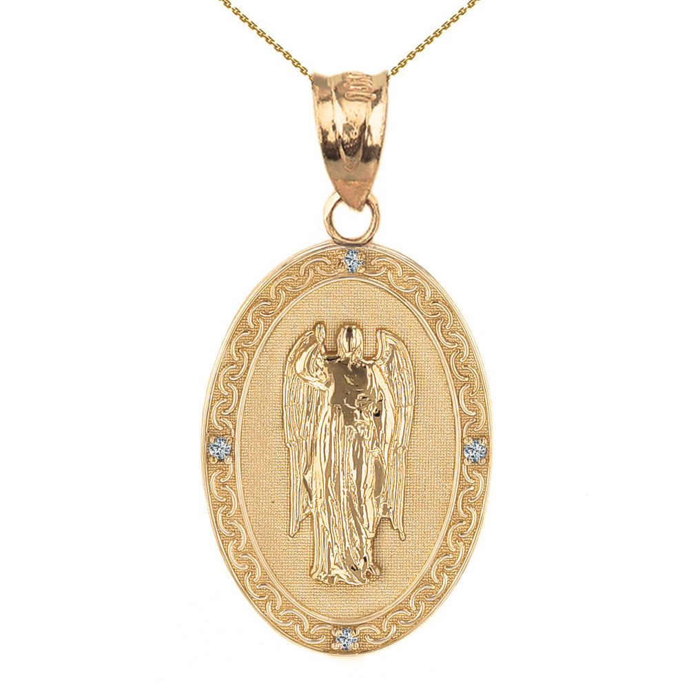 Solid Yellow Gold Archangel Saint Gabriel Diamond Oval Medallion Pendant Necklace 1.19" ( 30 mm)
