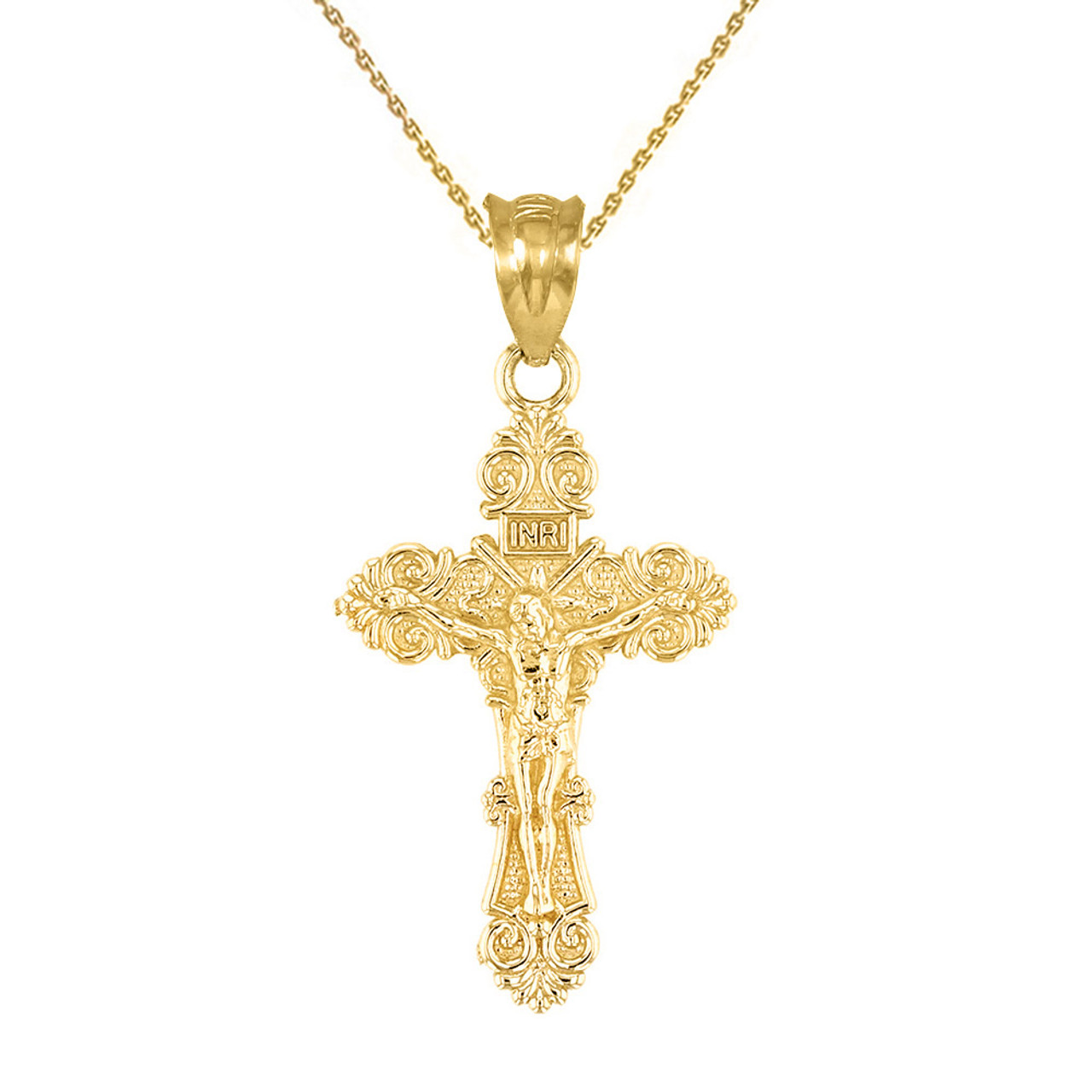 Yellow Gold Dainty Floral Crucifix Pendant Necklace