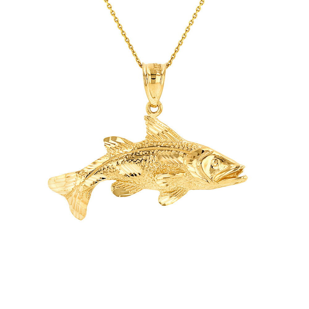 Solid Yellow Gold Diamond Cut Largemouth Bass Fish Pendant Necklace