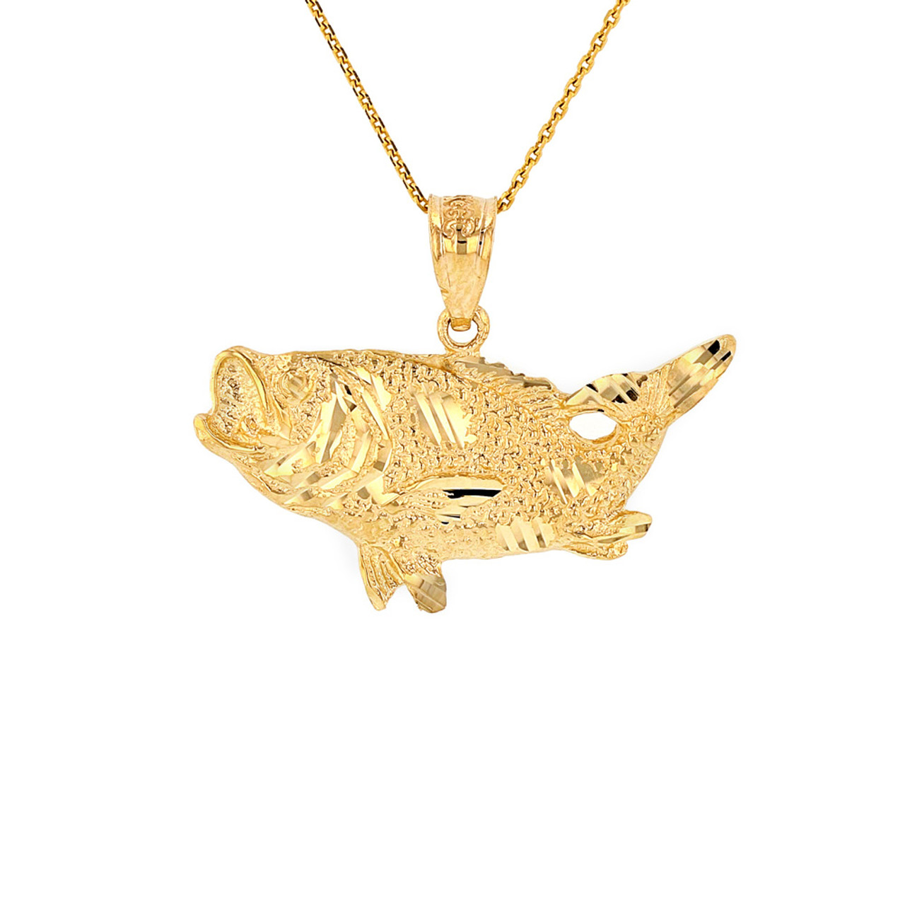 Solid Yellow Gold Diamond Cut Big Game Fishing Bass Fish Pendant Necklace