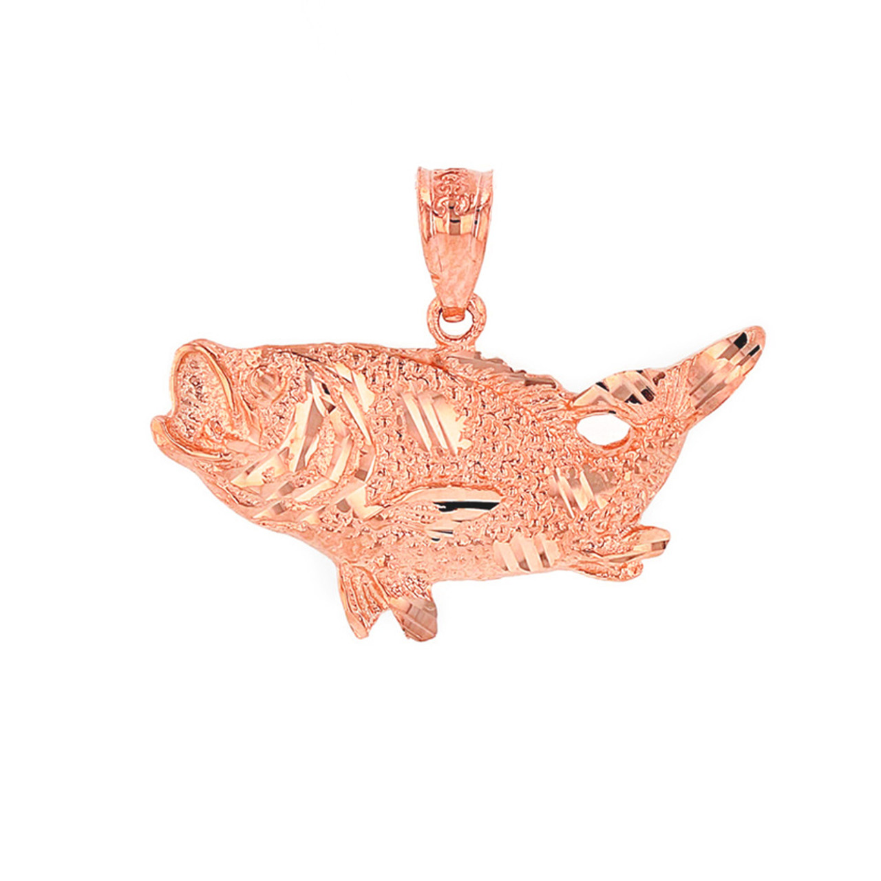 Solid Rose Gold Diamond Cut Big Game Fishing Bass Fish Pendant Necklace Gold | Factory Direct Jewelry