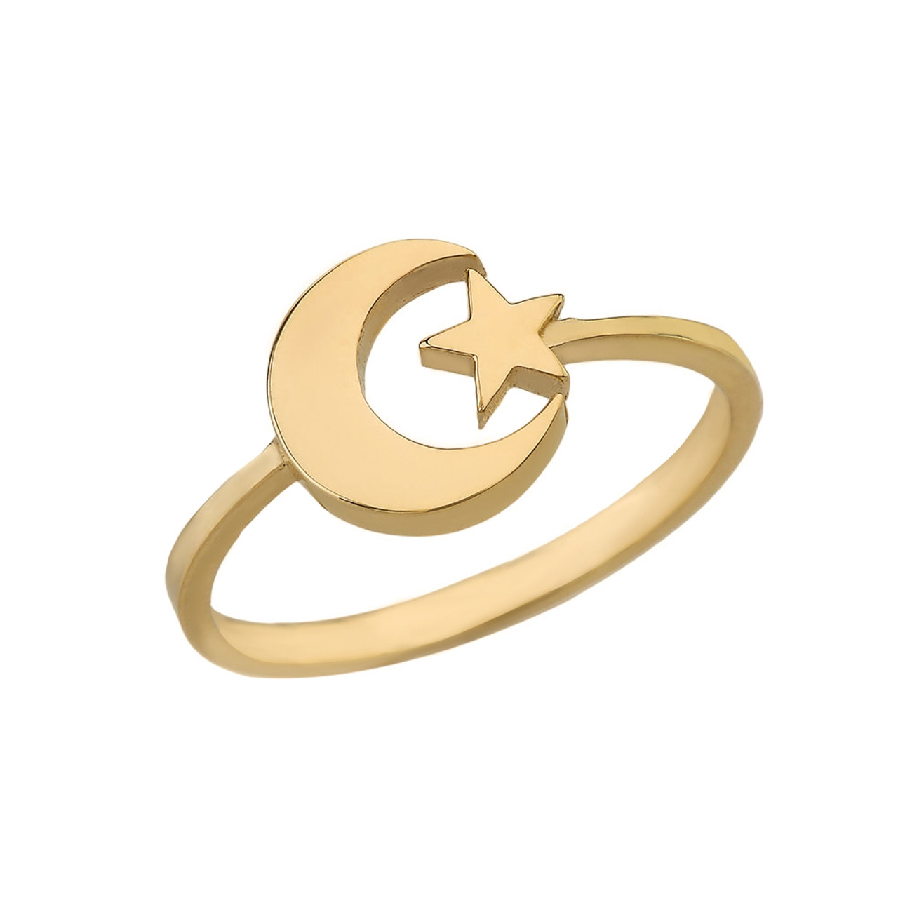 Solid Yellow Gold Islamic Allah Crescent Moon and Star Ring