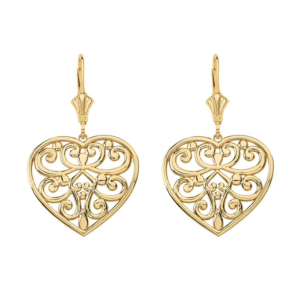 Solid Yellow Gold Filigree Heart Drop Earring Set