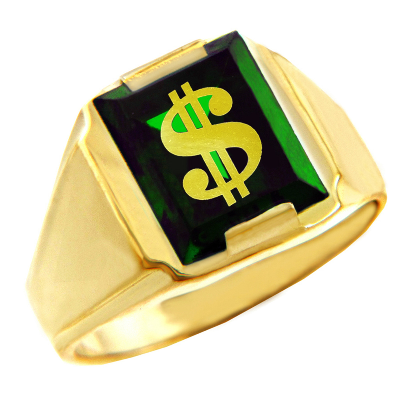 Solid Yellow Gold Green CZ Stone Dollar Sign Signet Men's Ring