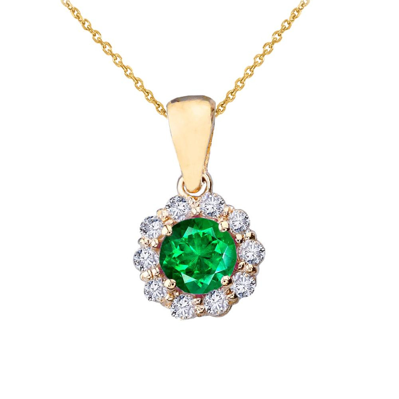 14k Yellow Gold Dainty Floral Diamond Center Stone Emerald Pendant Necklace