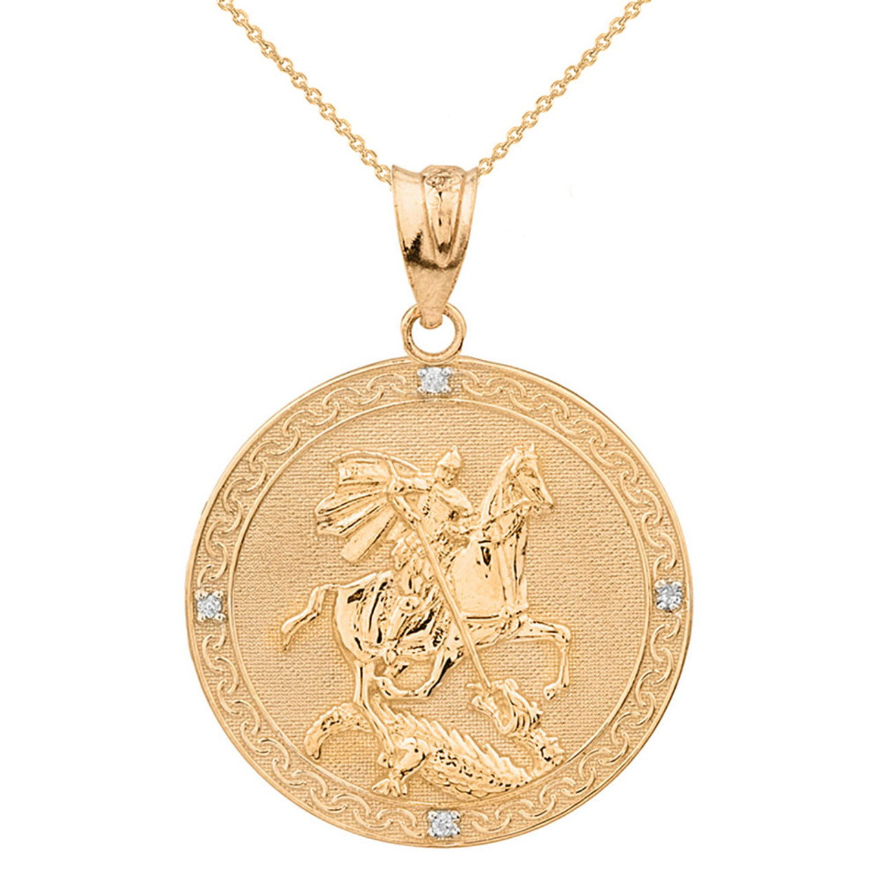 Solid Yellow Gold Saint George Engravable Diamond Medallion Pendant ...