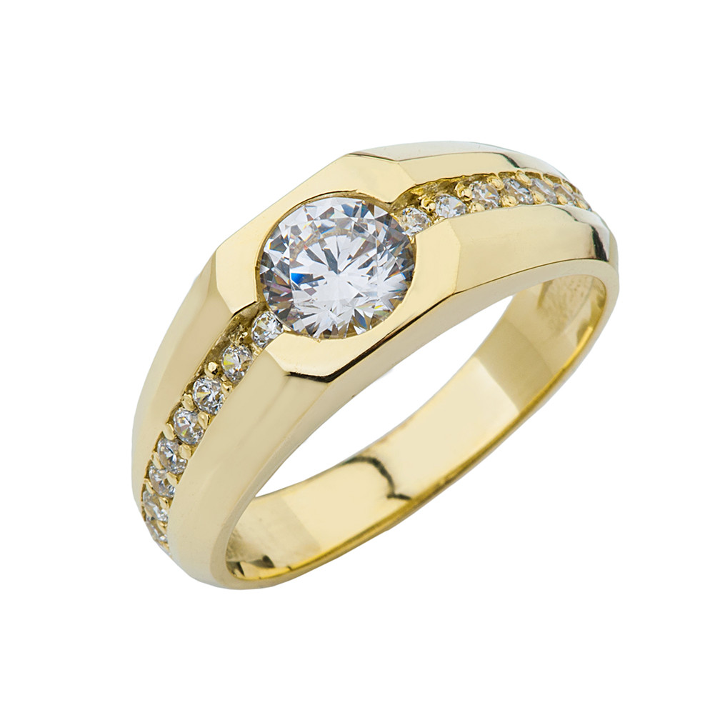 Yellow Gold Mens Ring with 1.5ct Cubic Zirconia Center Stone
