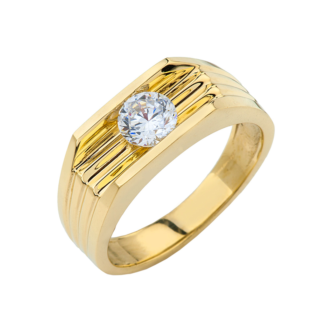 Yellow Gold Design Mens Ring with 1ct Cubic Zirconia Center Stone
