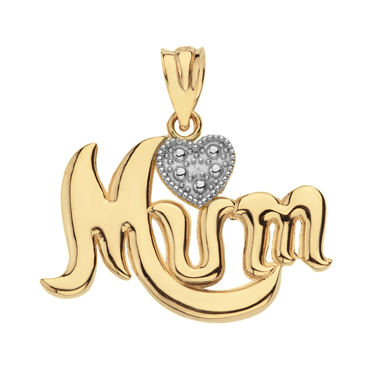 Solid Yellow Gold Rhodium Heart Diamond Cursive Mum Pendant Necklace