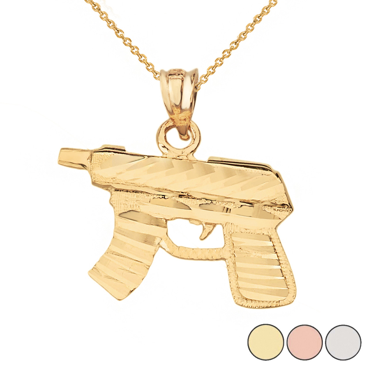 Diamond Cut Gun Rifle Pendant Necklace 