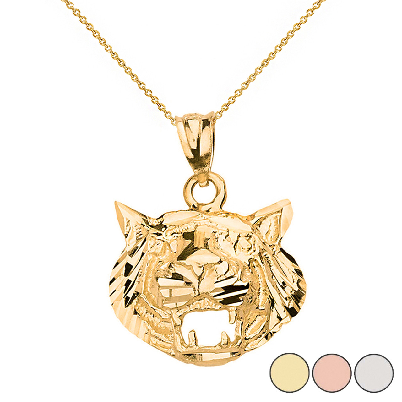 Diamond Cut Roaring Tiger Head Pendant Necklace in Solid Gold