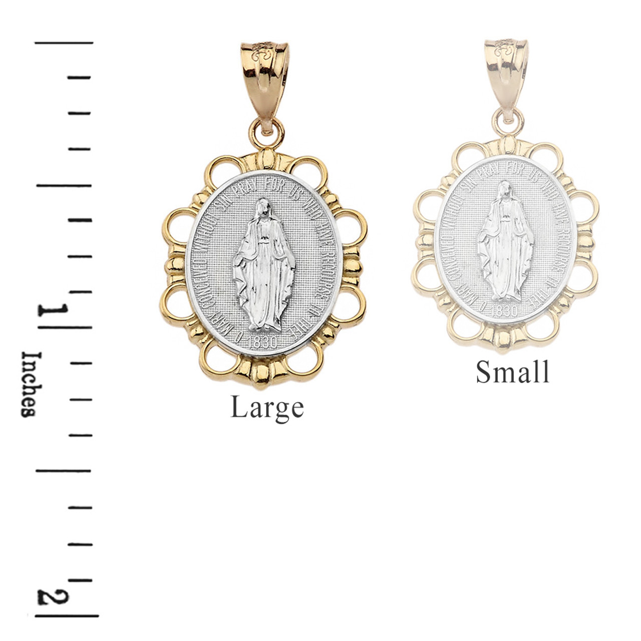 Solid Two Tone Yellow Gold Miraculous Medal of Our Lady of Graces Pendant  Necklace (Large)