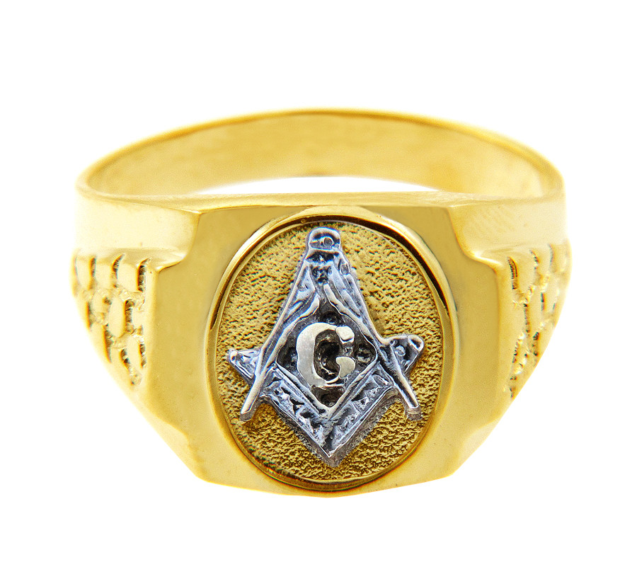 Men's 10k Two-Tone Gold Freemason Square & Compass Ring - Masonic Nugget Band (Size 13) - View #7