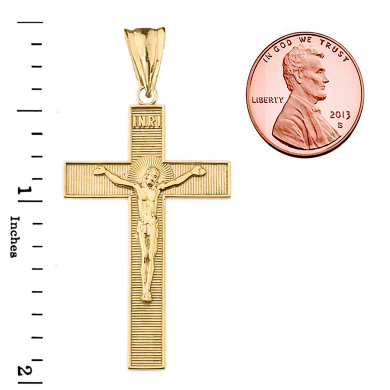 High Polish 14K Two Tone Gold Textured Cross Passion Crucifix Pendant Necklace