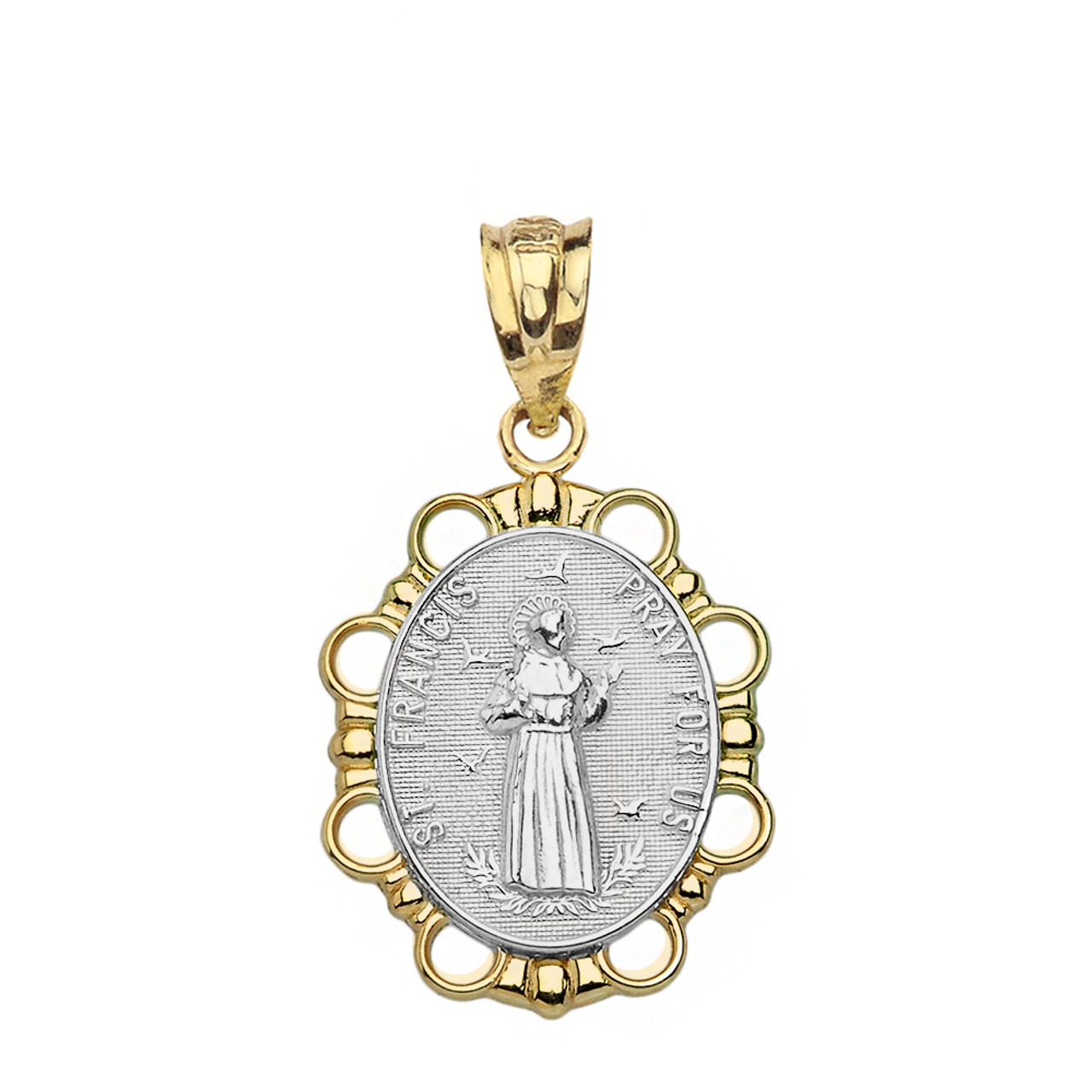 Solid Rose Gold Saint Francis Pray For Us Diamond Circular Frame Pendant  Necklace