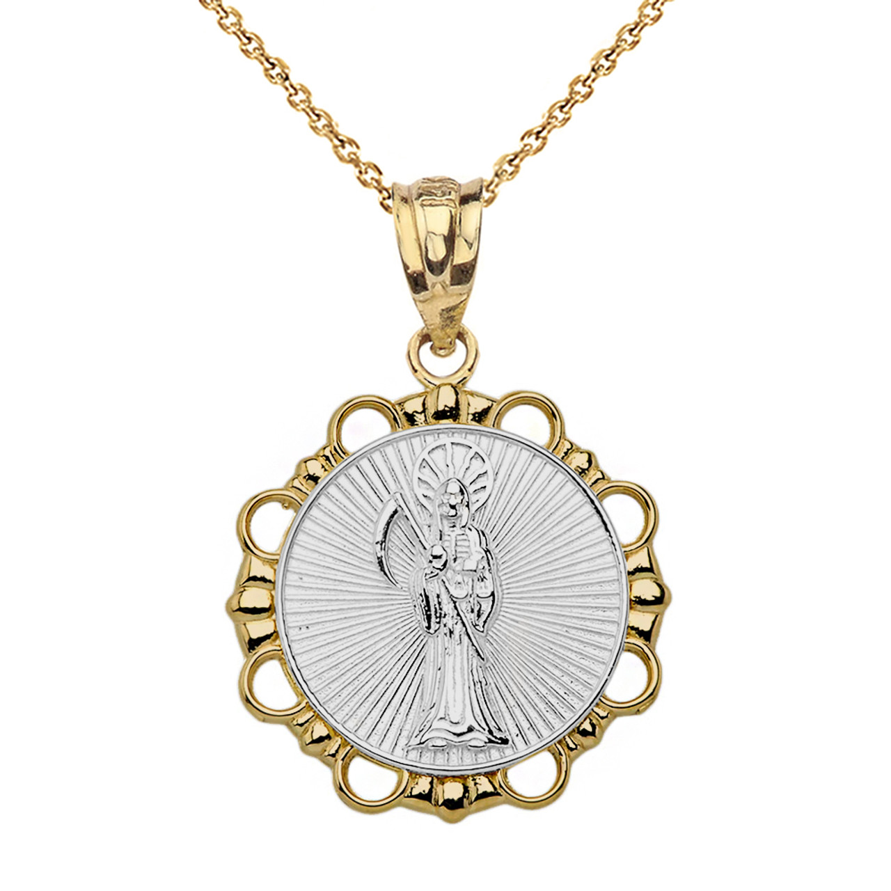 Solid Two Tone Yellow Gold Round Santa Muerte Pendant Necklace