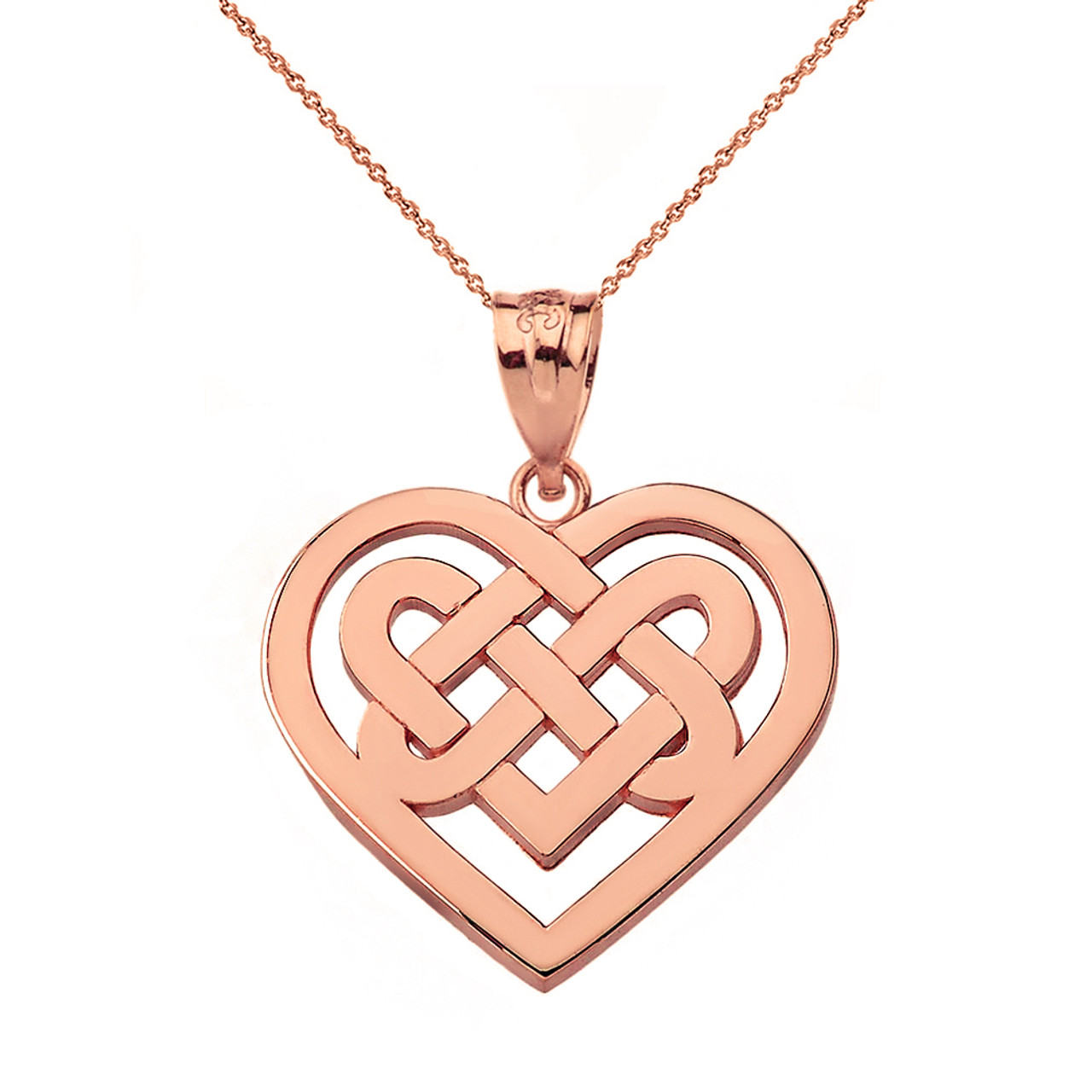 Solid Rose Gold Celtic Knot Woven Heart Pendant Necklace