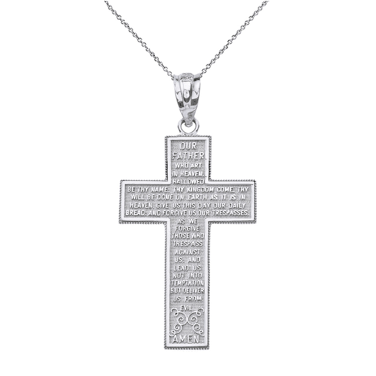 Sterling Silver The Lord's Our Father Prayer Cross Pendant Necklace