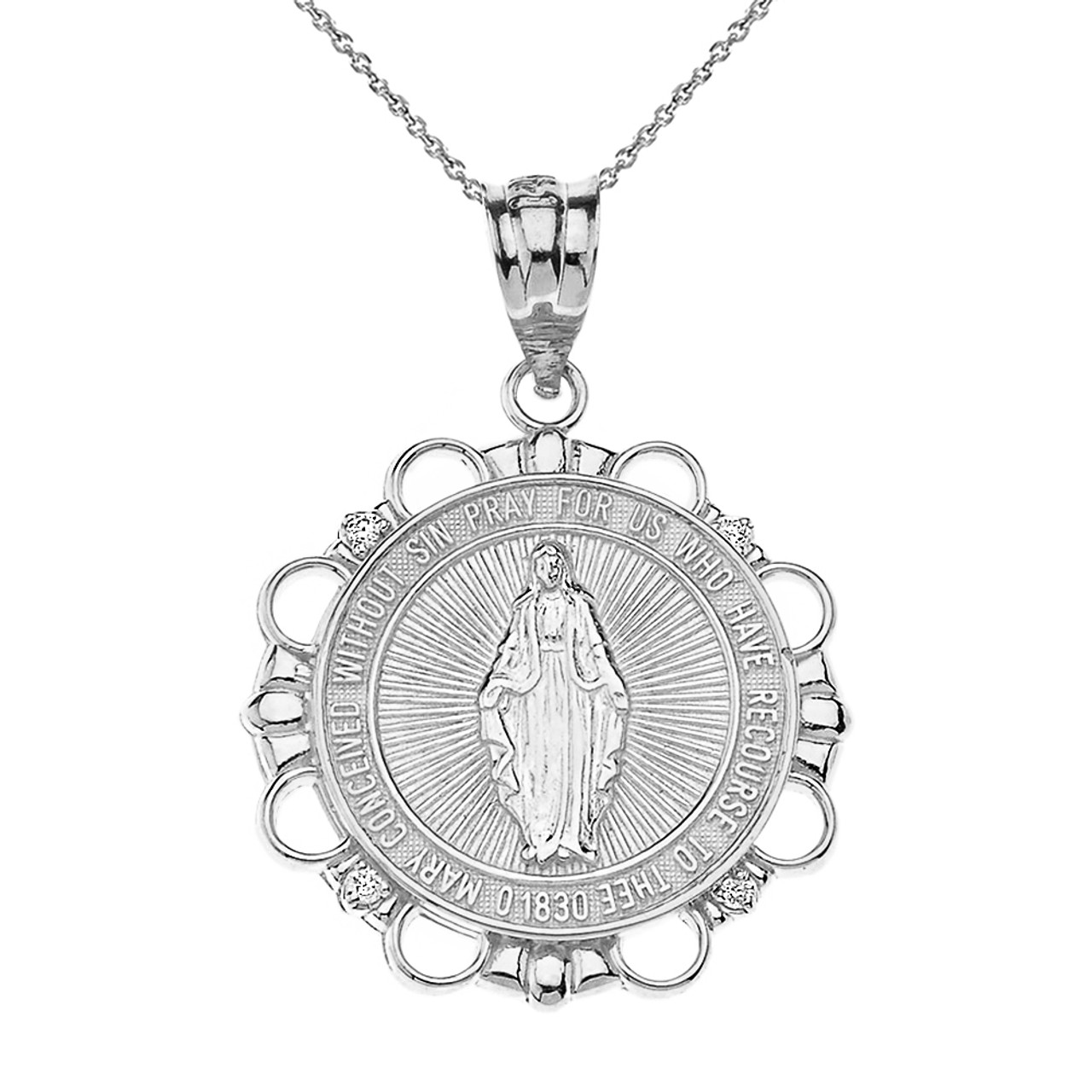 Sterling Silver Round Blessed Virgin Mary Miraculous CZ Medal Pendant Necklace 