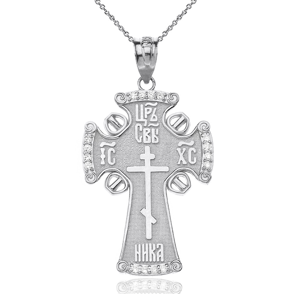 Sterling Silver CZ ICXC NIKA Eastern Orthodox Cross Pendant Necklace
