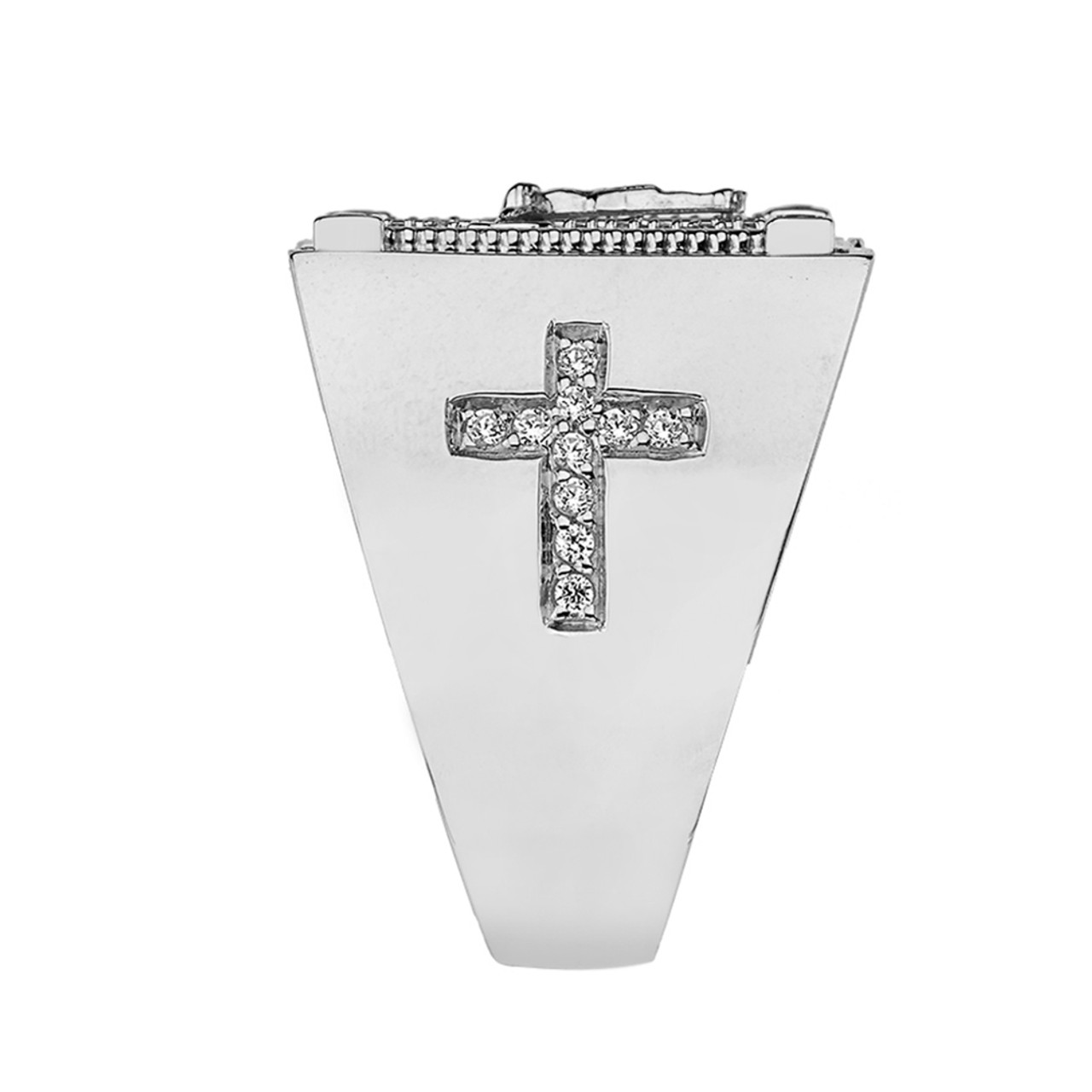 Mens Diamond Cross Ring in Solid White Gold