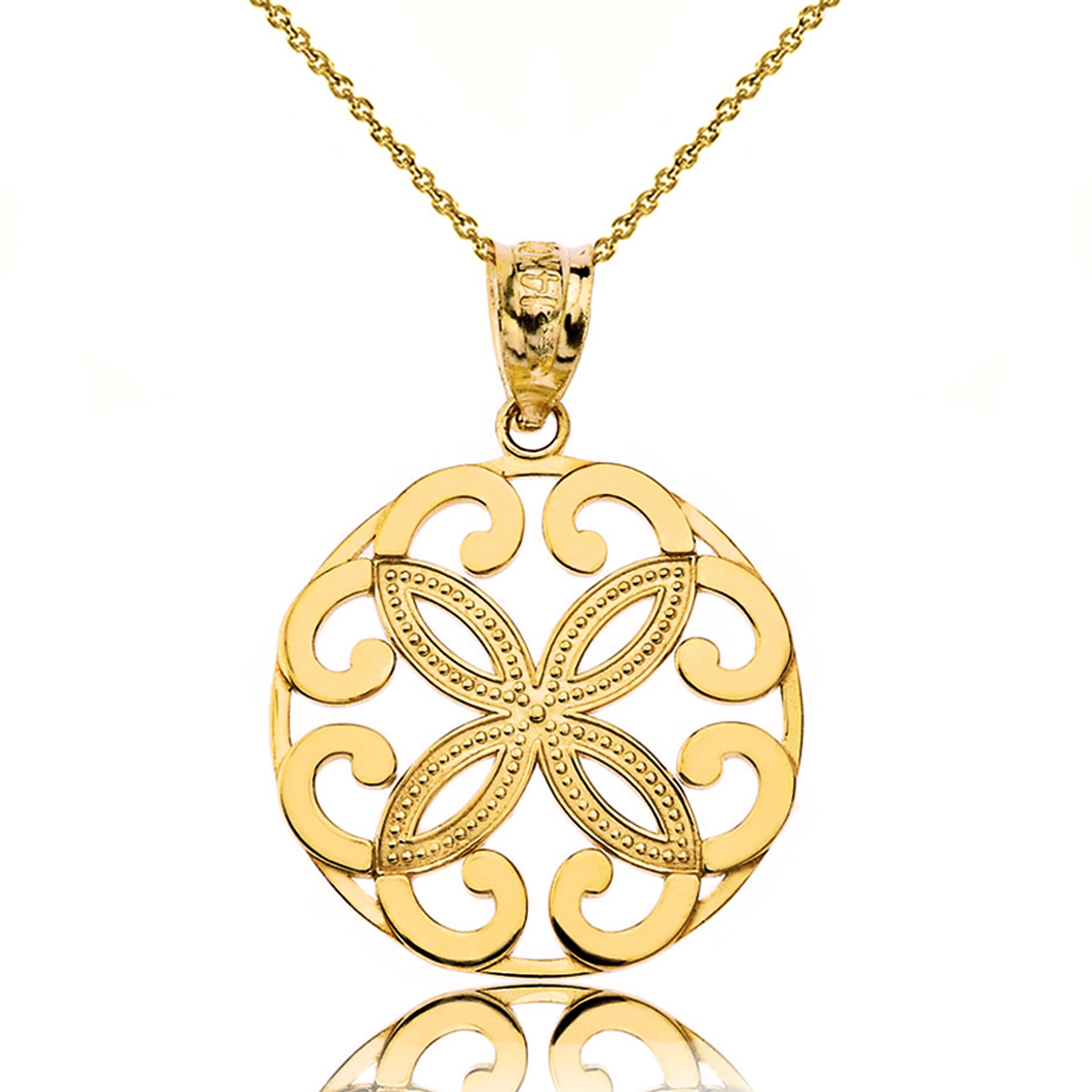 Solid Yellow Gold Openwork Floral Design Four Petal Flower Round Pendant  Necklace