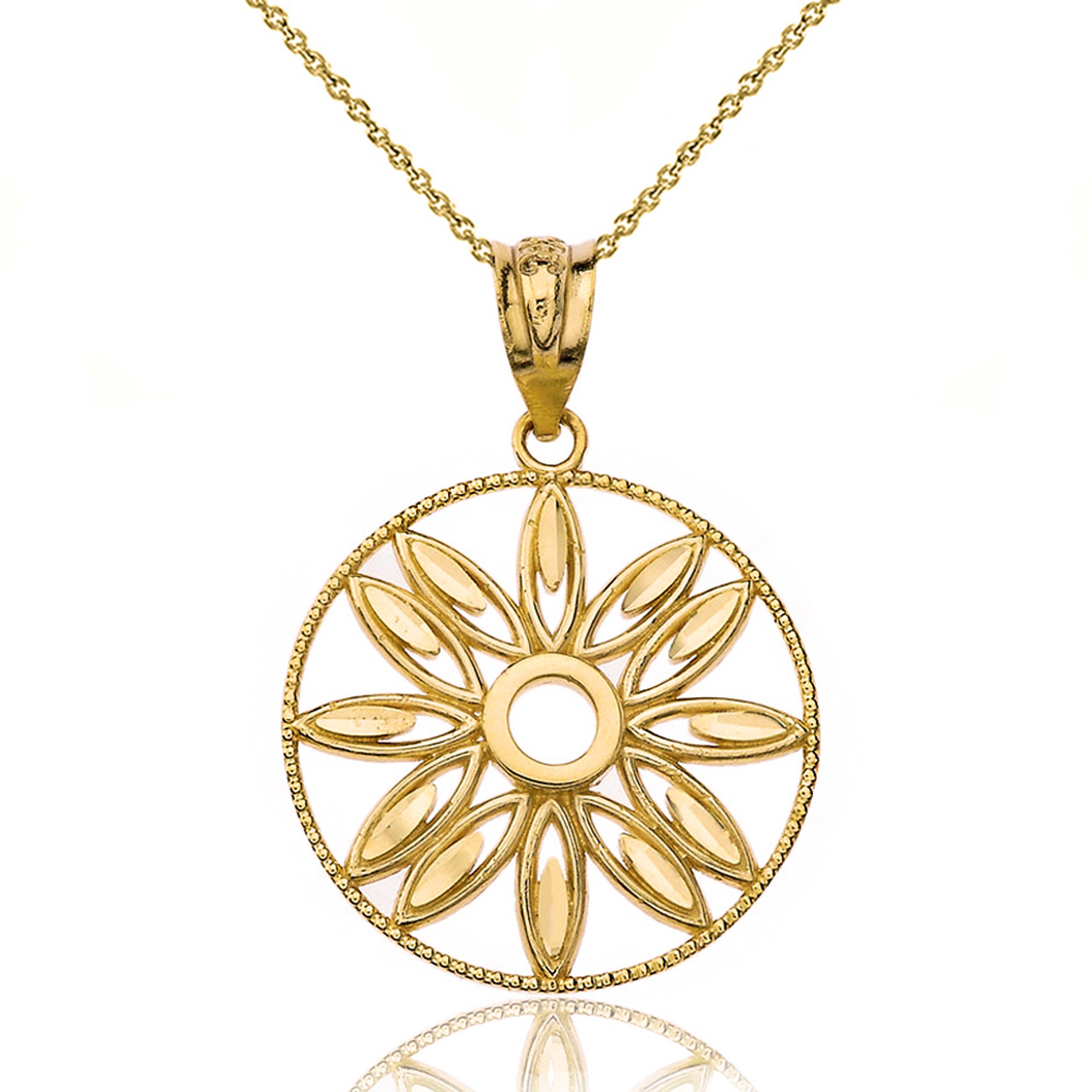 Solid Yellow Gold Sparkle Cut Floral Design Round Pendant Necklace