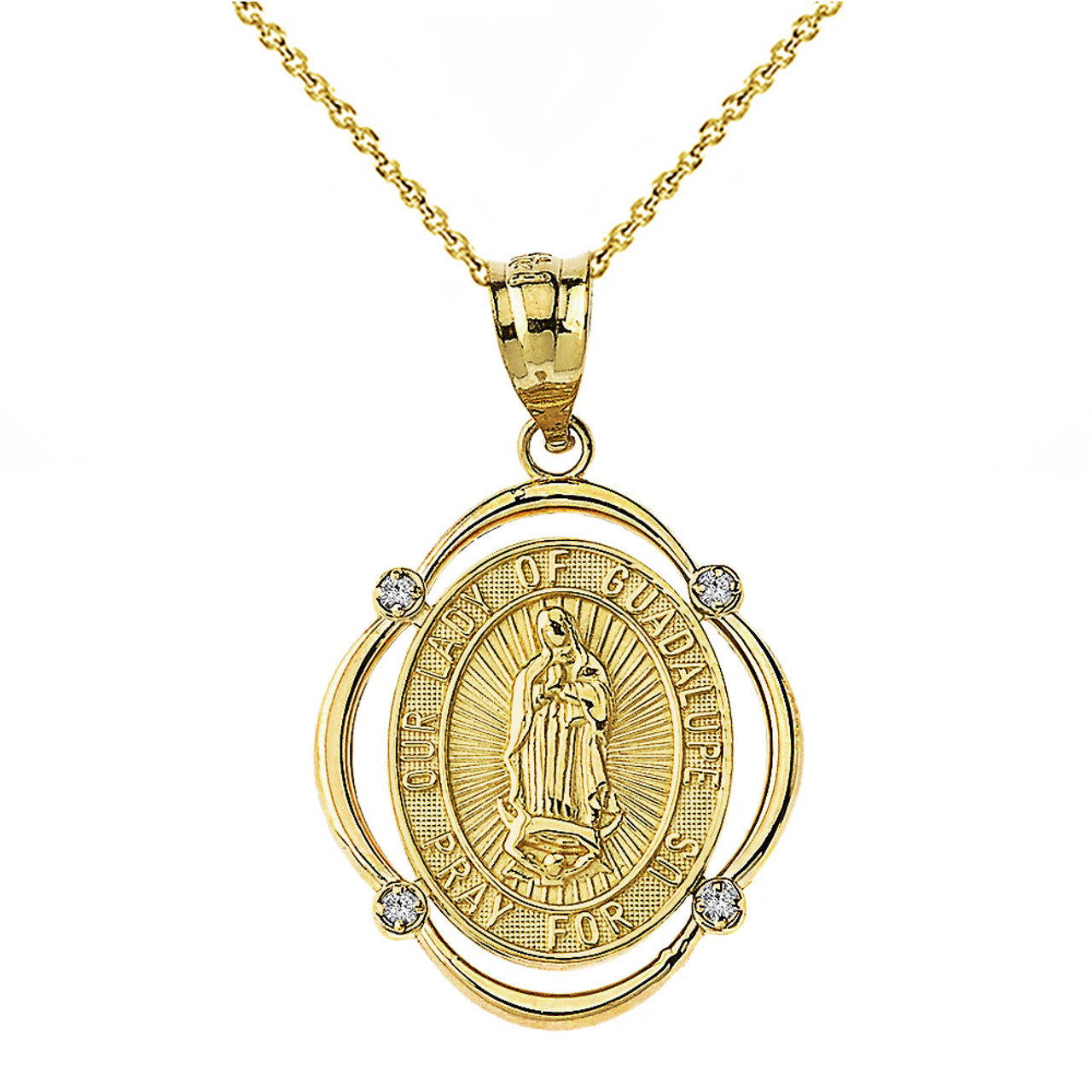 Solid Yellow Gold Our Lady of Guadalupe Pray For Us Diamond Oval Frame  Pendant Necklace