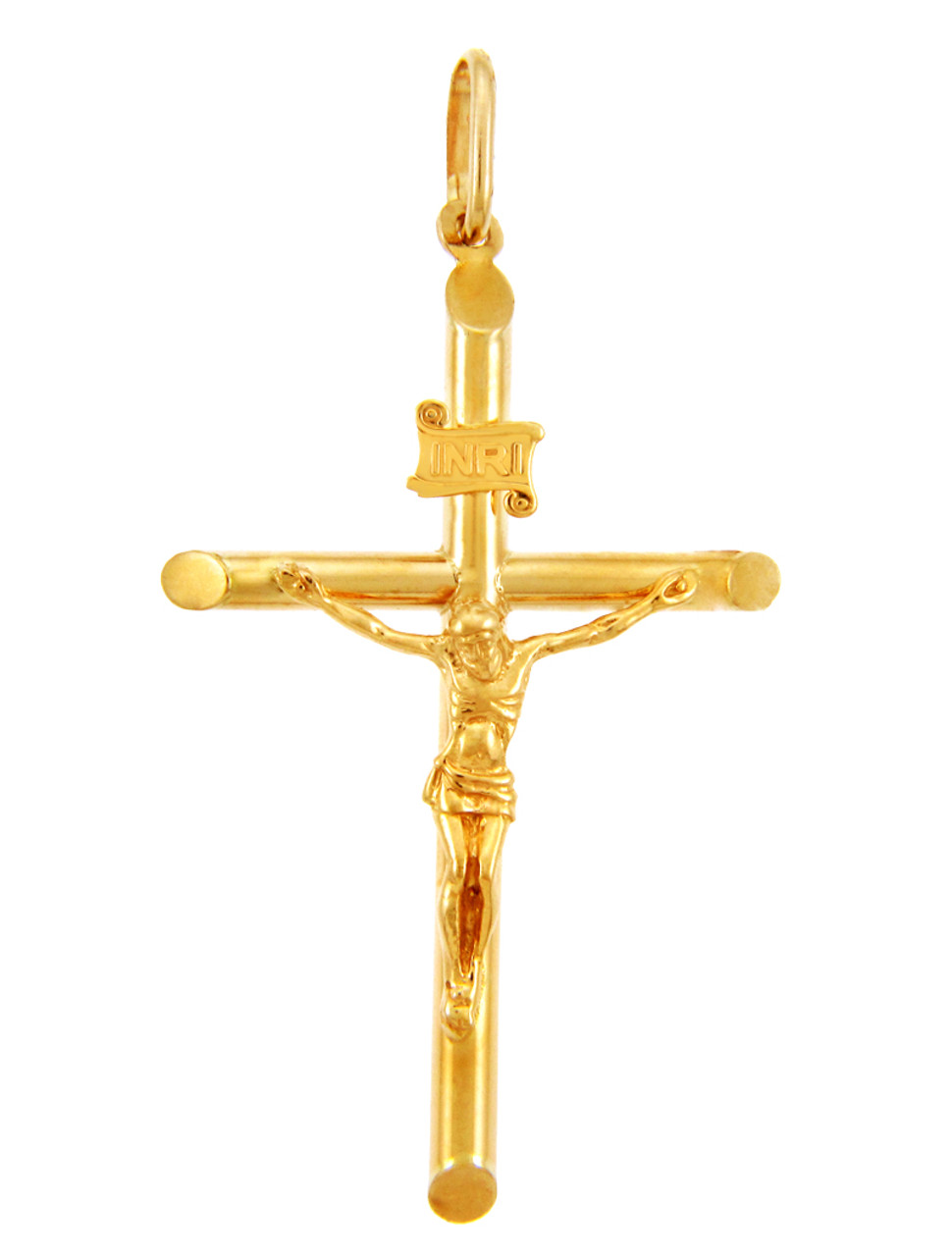 Yellow Gold Tubular Cross Charm Catholic Crucifix Pendant Necklace