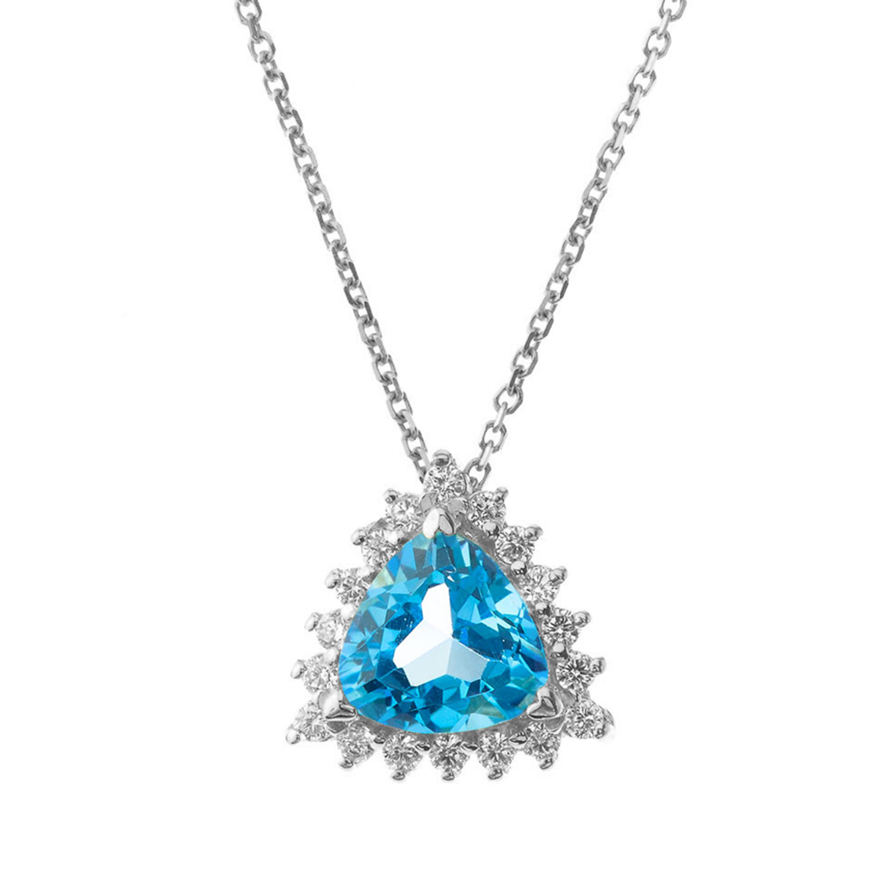 Chic Diamond & Trillion Cut Blue Topaz Pendant Necklace in 14K 