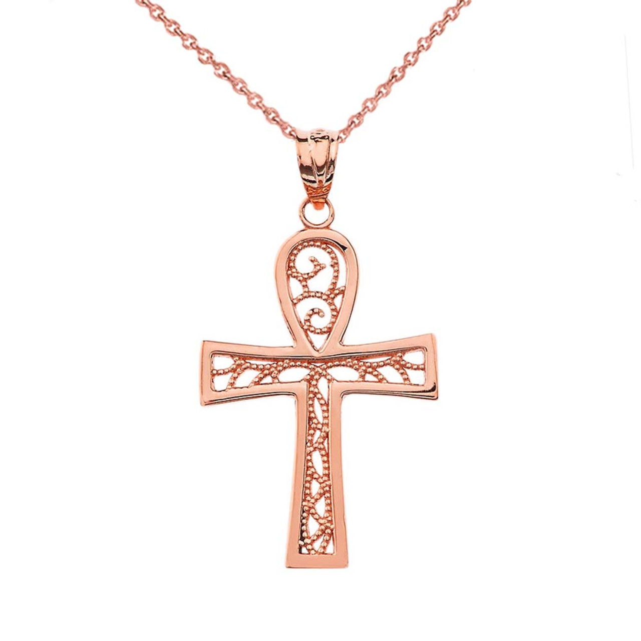 Filigree Ankh Cross Pendant Necklace in Rose Gold