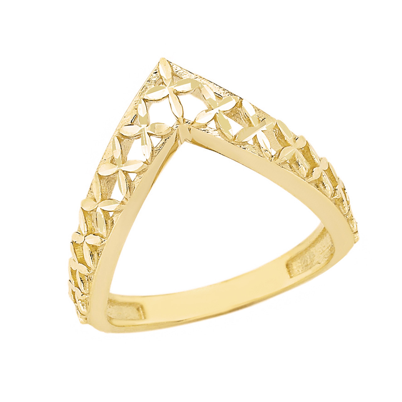 Solid Yellow Gold Flower Of Life V Shape Sparkle Cut Ring
