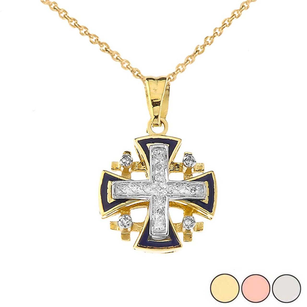 10K Diamond Jerusalem Cross Pendant Necklace with Blue Enamel in Gold  (Yellow/Rose/White)